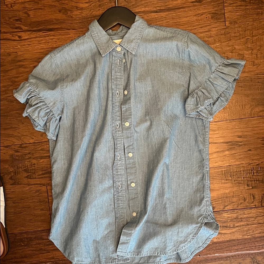 JCrew Ruffle Short Sleeve chambray shirt